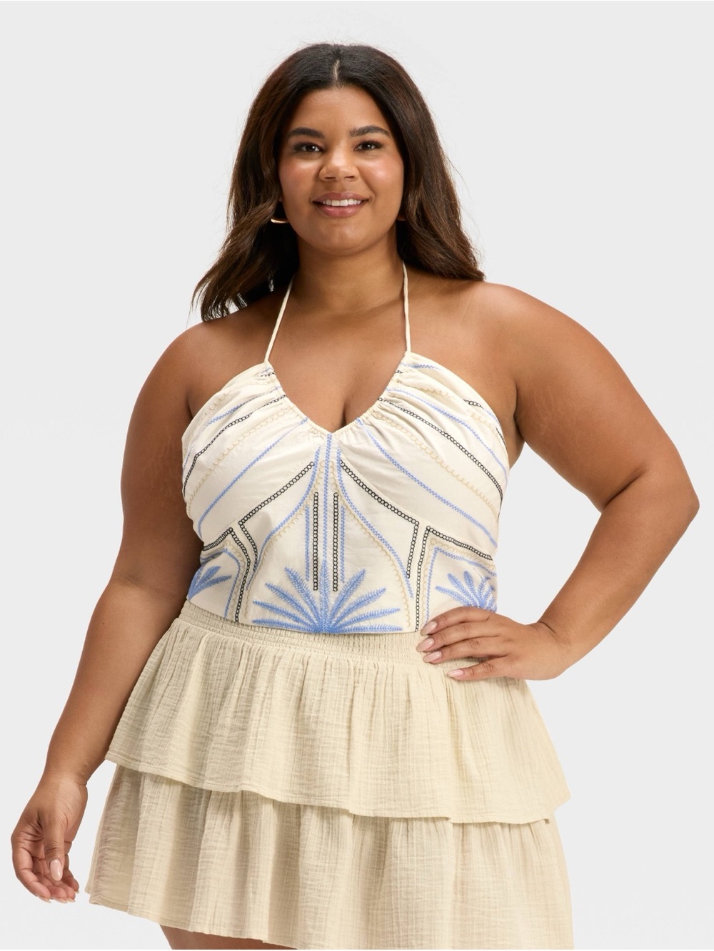 Universal Thread Embroidered White and Light Blue Crop Halter Top